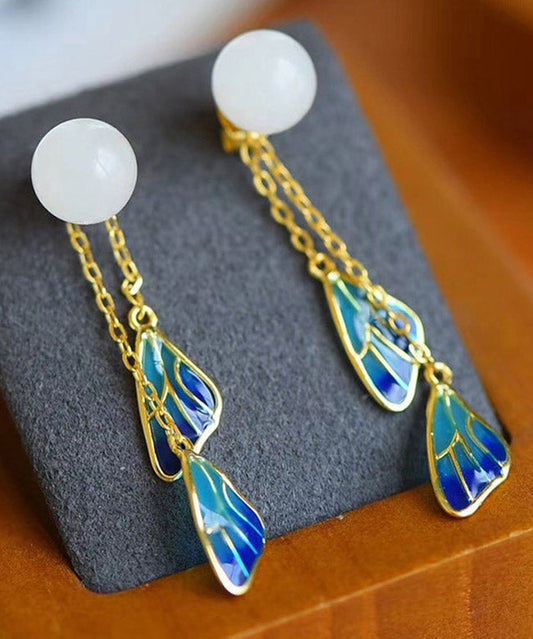 White Sterling Silver Inlaid Jade Enamel Tassel Drop Earrings