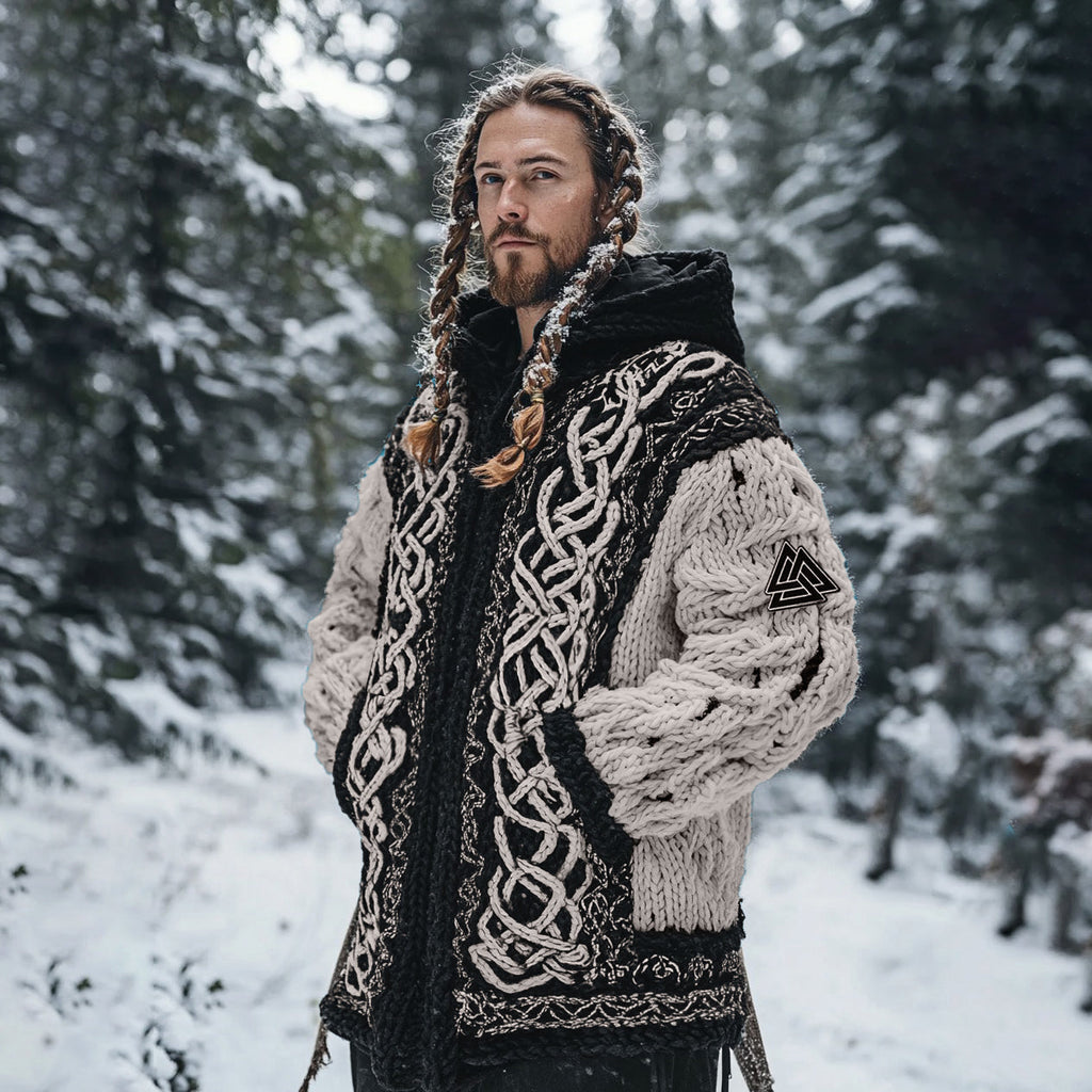 Men's Viking Tribal Jacquard Celtic Chunky Knit Zipper Hooded Cardigan artswardrobe
