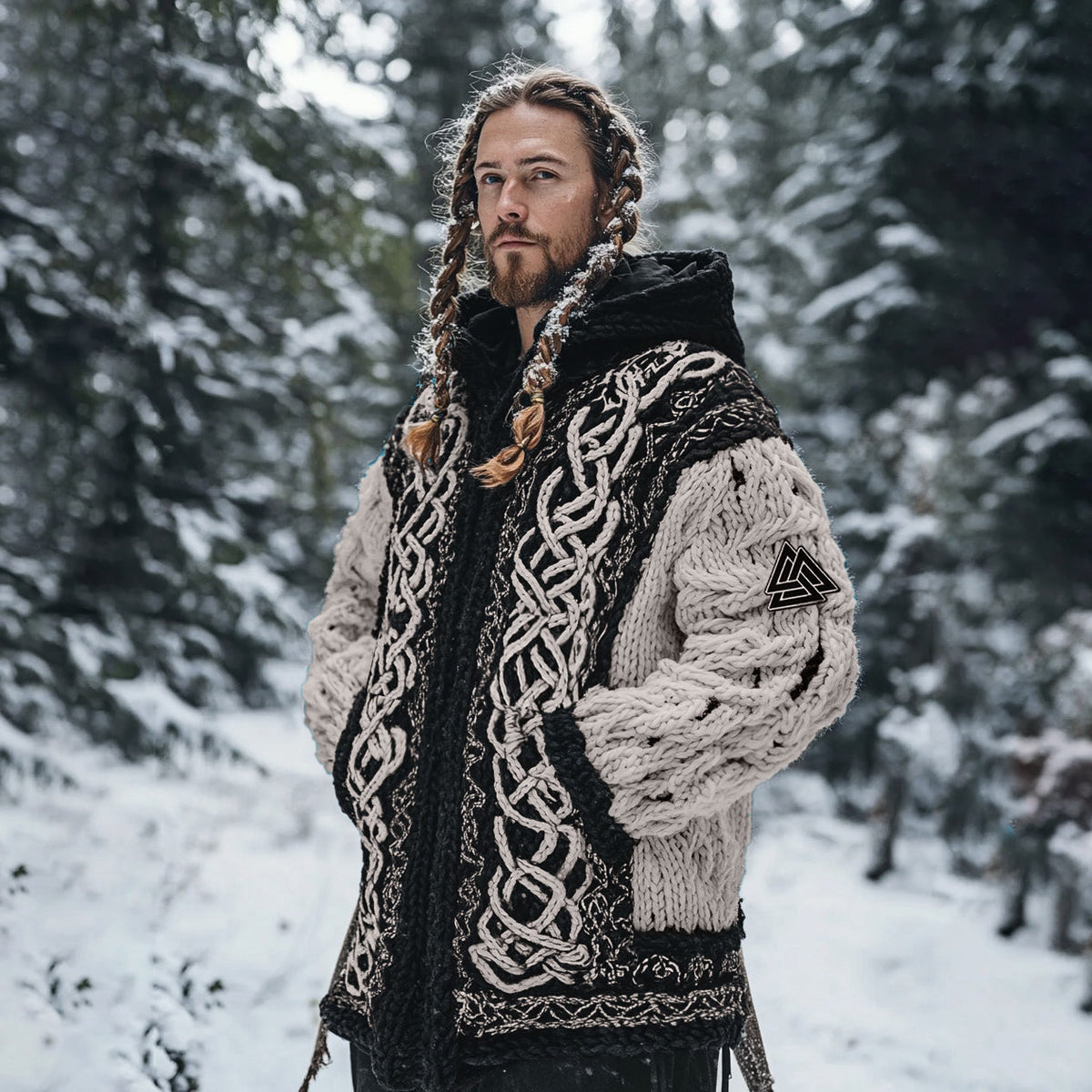 Men's Viking Tribal Jacquard Celtic Chunky Knit Zipper Hooded Cardigan artswardrobe