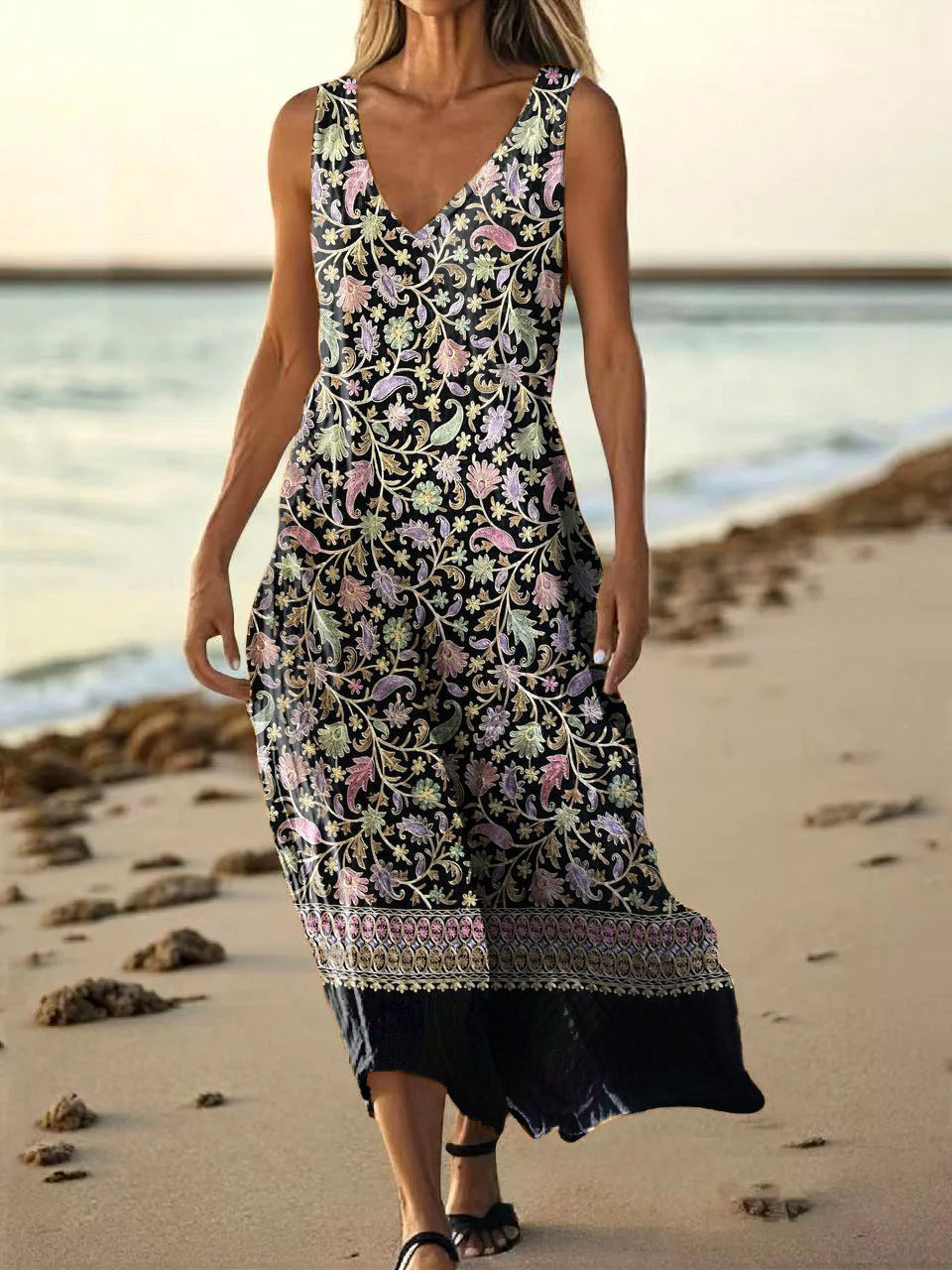Women's Vintage Ethnic Floral Art Print Pocket Cotton Dress