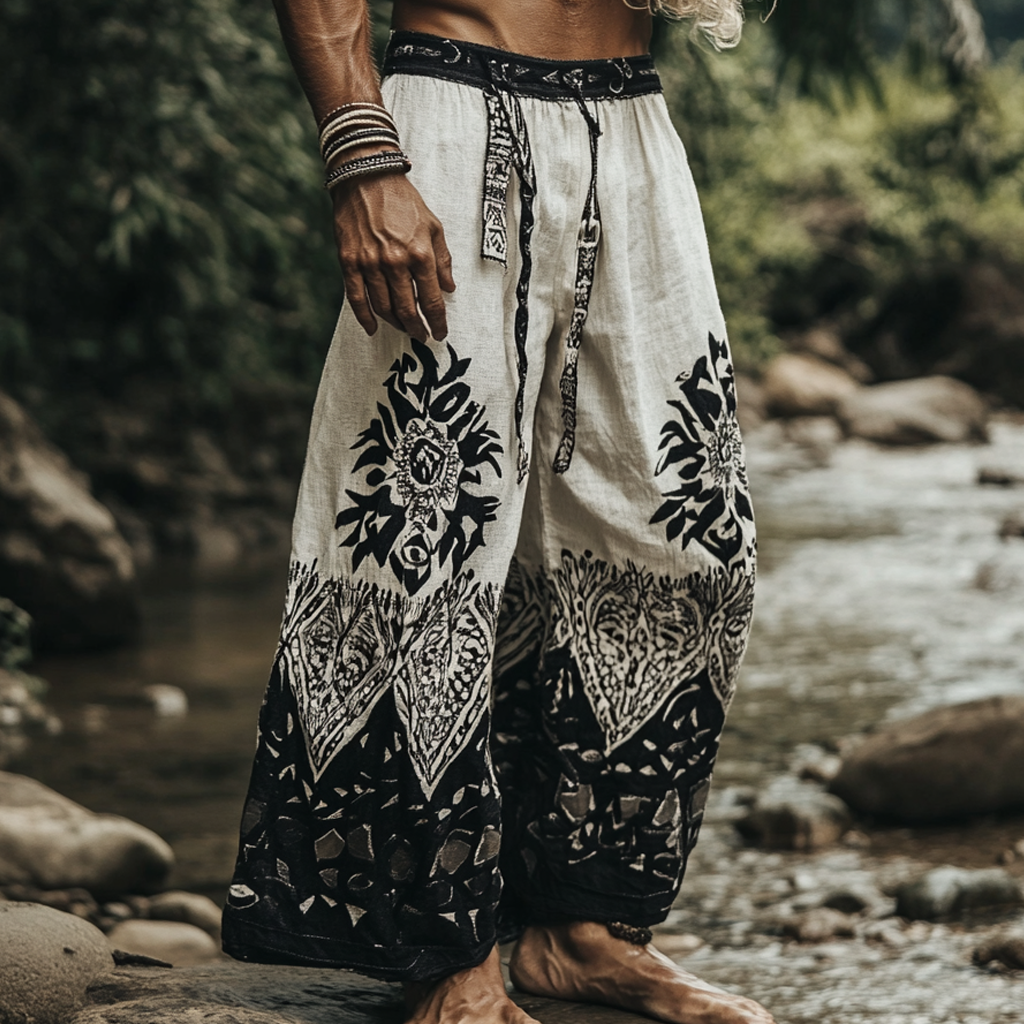 Men's Bohemian Holiday Style Vintage Ethnic Totem Print Simple Casual Pants artswardrobe