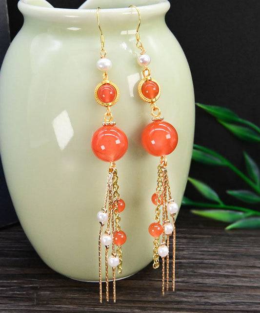 Orange Silver Sterling Overgild Agate Pearl Tassel Drop Earrings