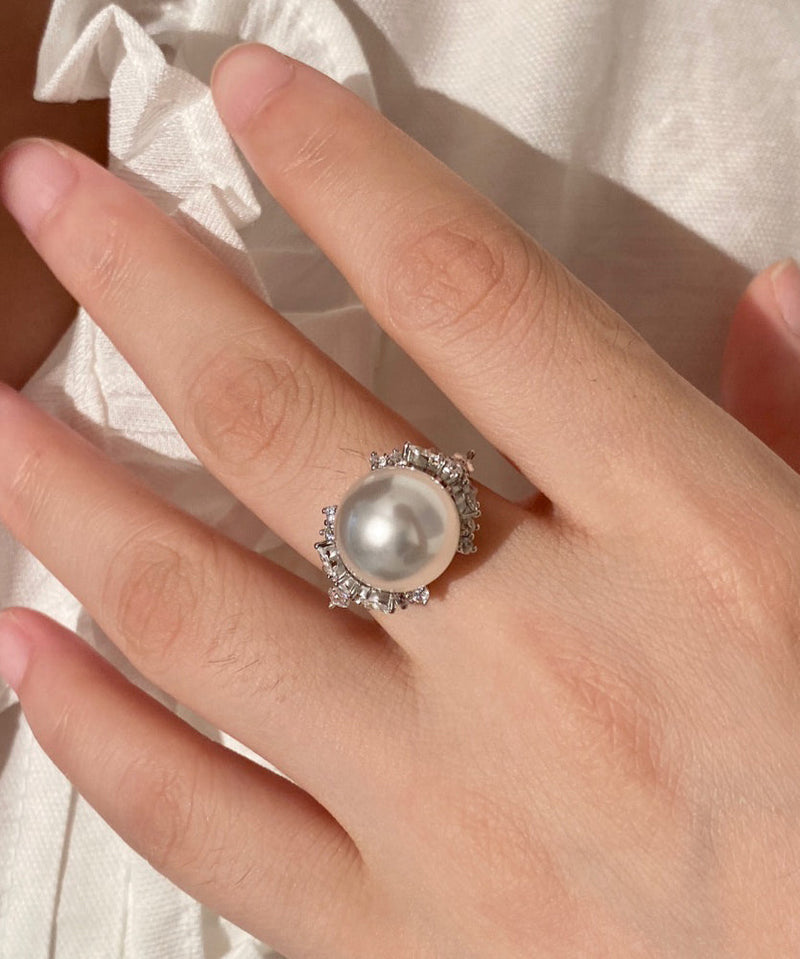 New White Pearl Zircon Open Silver Rings