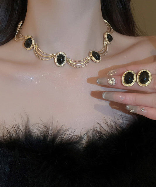 Black Alloy Gem Stone Drop Earrings and Princess Necklace Two-piece Set