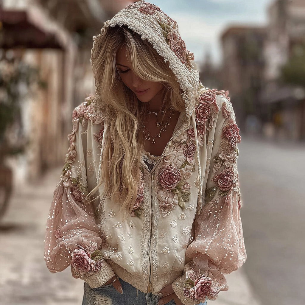 Comstylish Women's Vintage Floral Art Embroidered Patchwork Zipper Hoodie