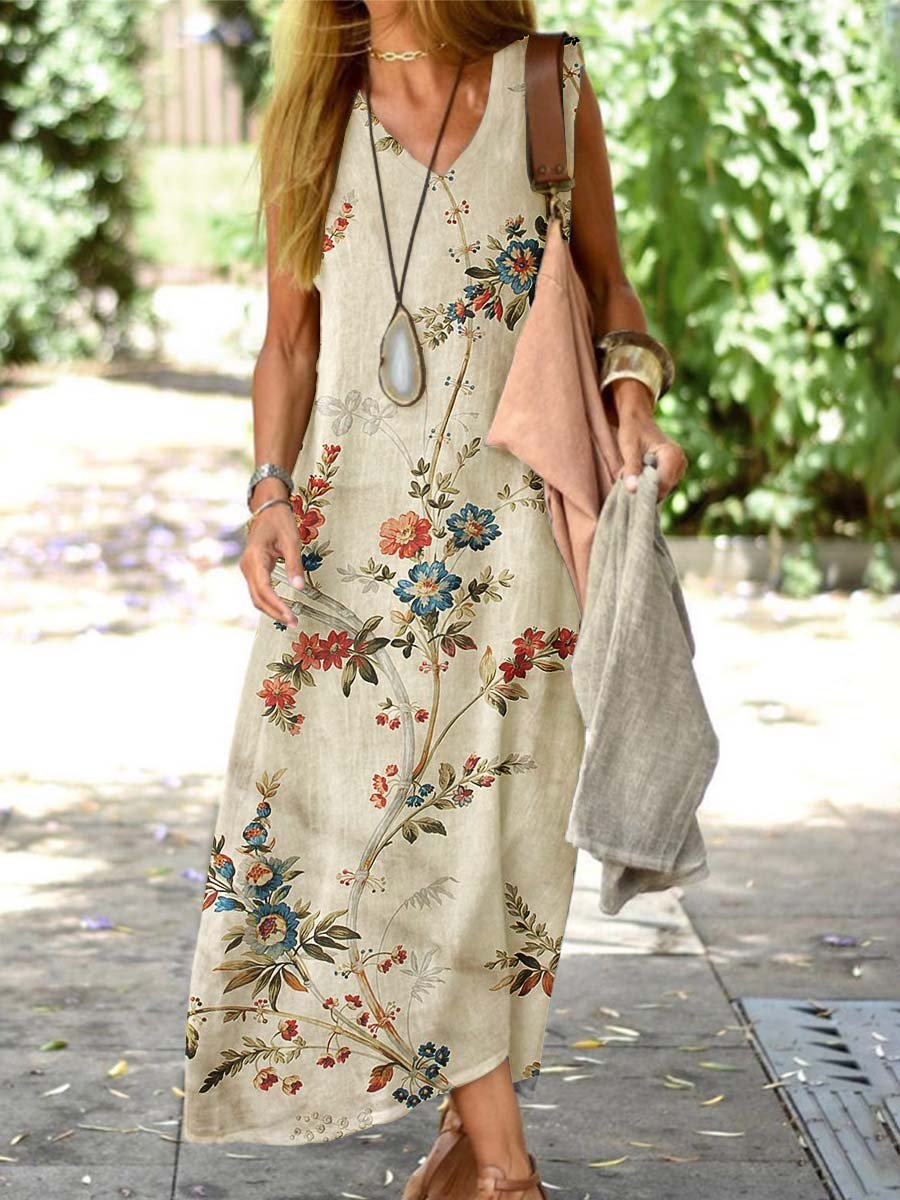 Women's Resort Style Floral Pattern Vest Style Loose Cotton and Linen Dress