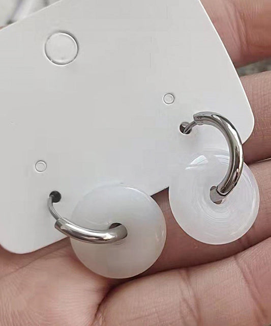 Diy White Sterling Silver Inlaid Jade Hoop Earrings