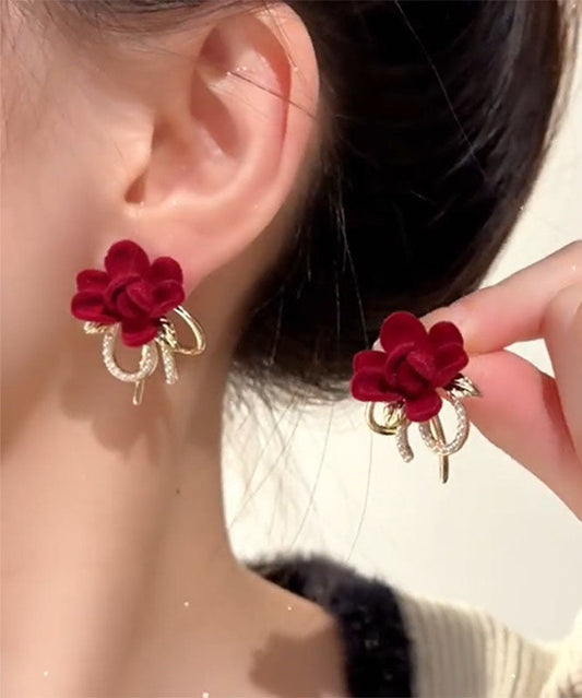 Vogue Red Copper Overgild Flocking Pearl Bow Stud Earrings