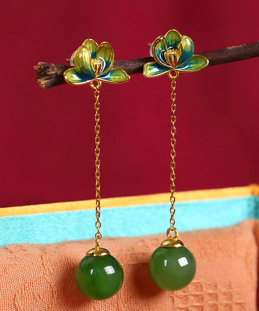 Green Sterling Silver Jade Enamel Lotus Tassel Drop Earrings