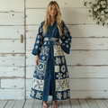 Women's Japanese Traditional Sashiko Art  Linen V-neck Robe artswardrobe