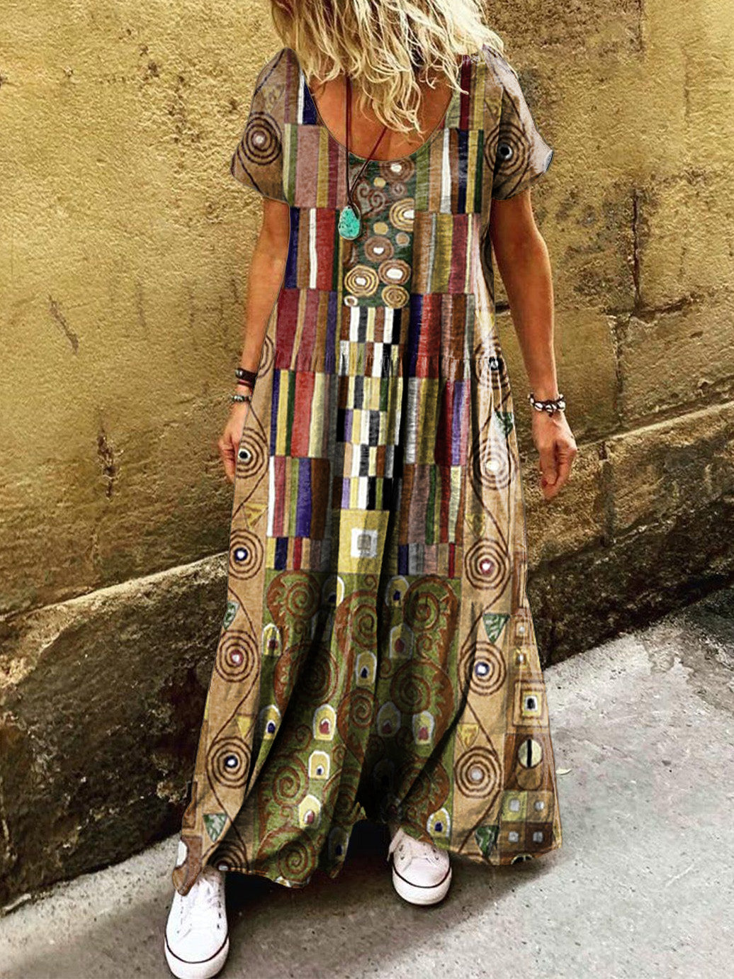 Women's Boho Retro Folk Art Print Pocket Short Sleeve Cotton Dress