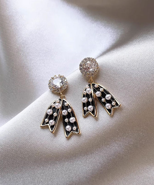 Black Sterling Silver Zircon Pearl Tassel Drop Earrings