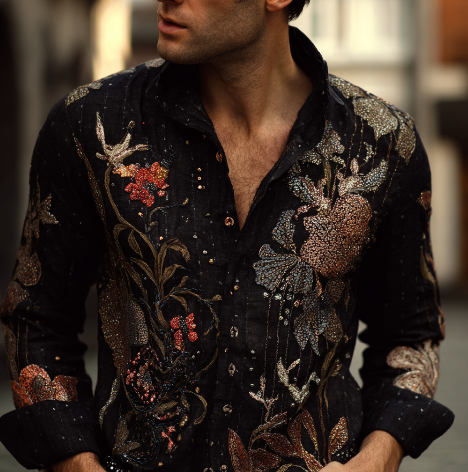 Bohemian Style Plant And Flower Pattern Men's Retro Cotton And Linen Shirt artswardrobe