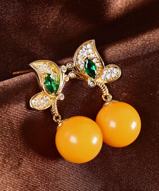 Yellow Sterling Silver Overgild Zircon Beeswax Butterfly Drop Earrings
