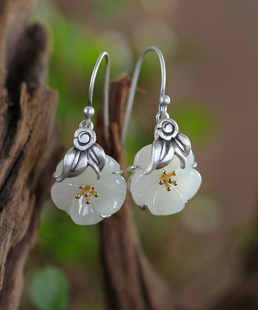 Retro Silk Sterling Silver Inlaid Jade Drop Earrings