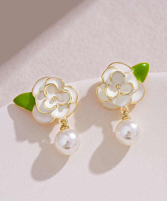 Diy White Sterling Silver Overgild Enamer Pearl Drop Earrings