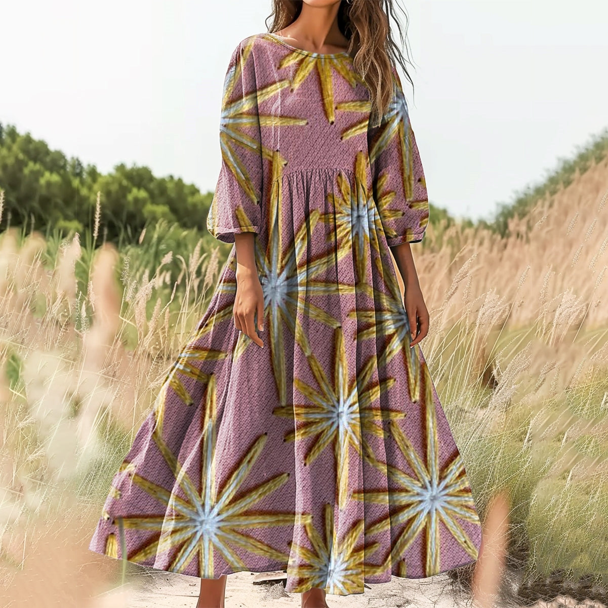 Women's Polygonal Star Pattern Art Print Cotton Crew Neck Dress