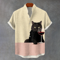 Retro Chilling Black Cat Wine Contrast Color Linen Blend Shirt elevenforest