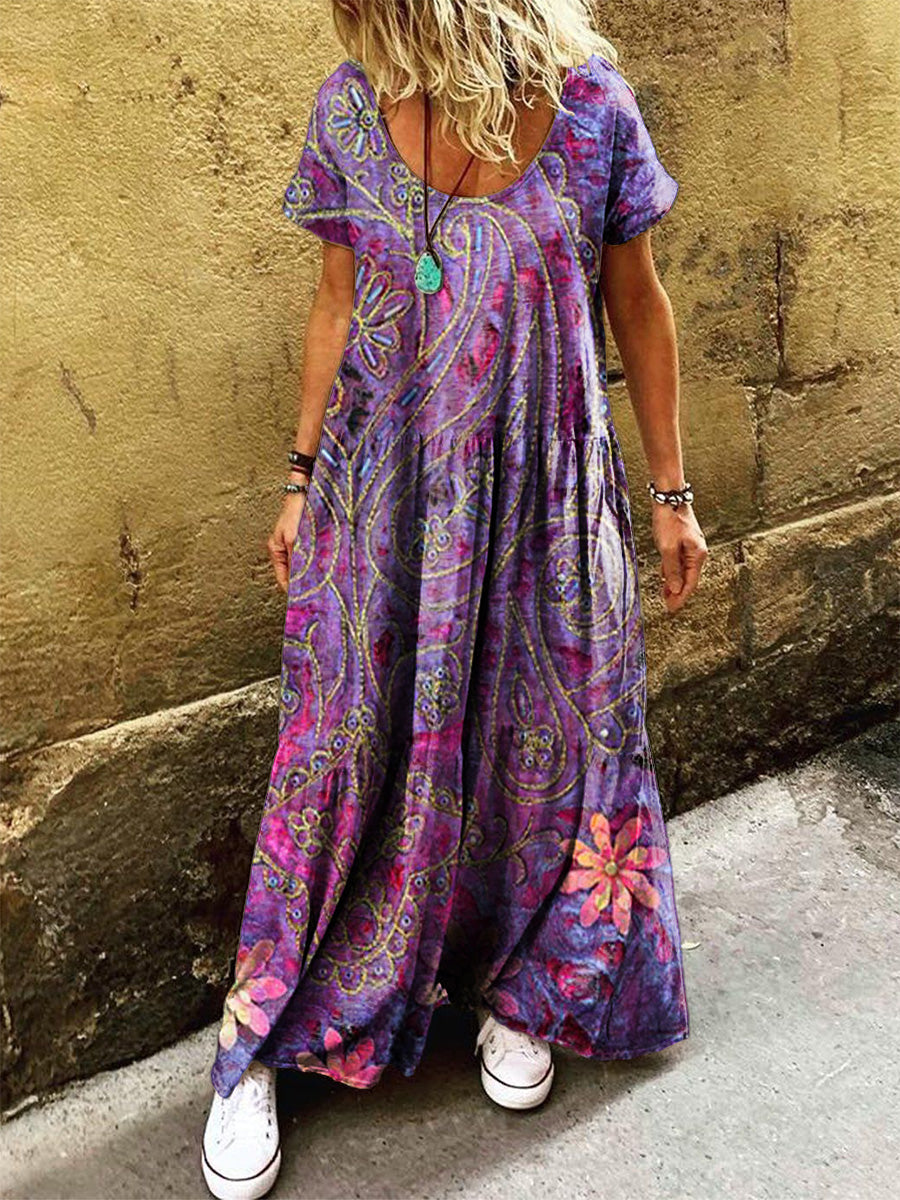 Women's Vintage Ethnic Paisley Art Print Pocket Short Sleeve Cotton Dr