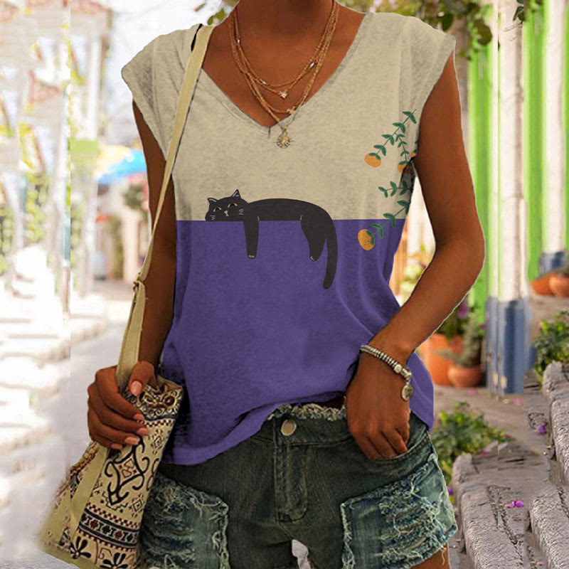 Abstract Creative Lazy Black Cat Art Painting Art Tank Top elevenforest