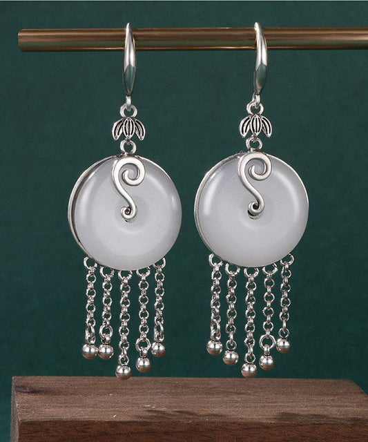 Silk Sterling Silver Inlaid Jade Tassel Drop Earrings