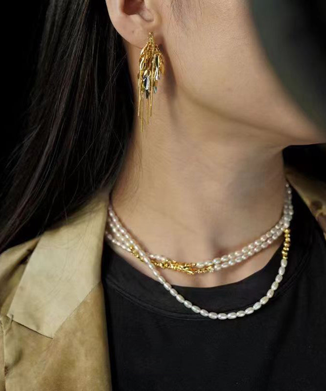 Stylish Gold Sterling Silver Overgild Ear of Wheat Tassel Drop Earrings