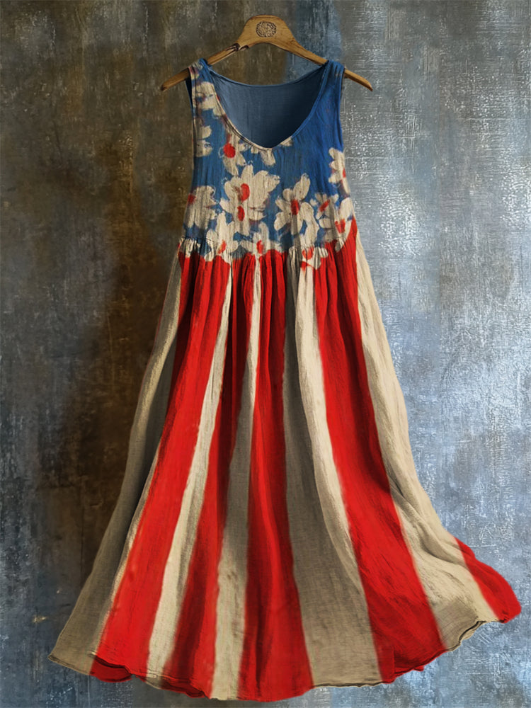 American Flag Inspired Floral Oil Painting Flowy Linen Dress artswardrobe