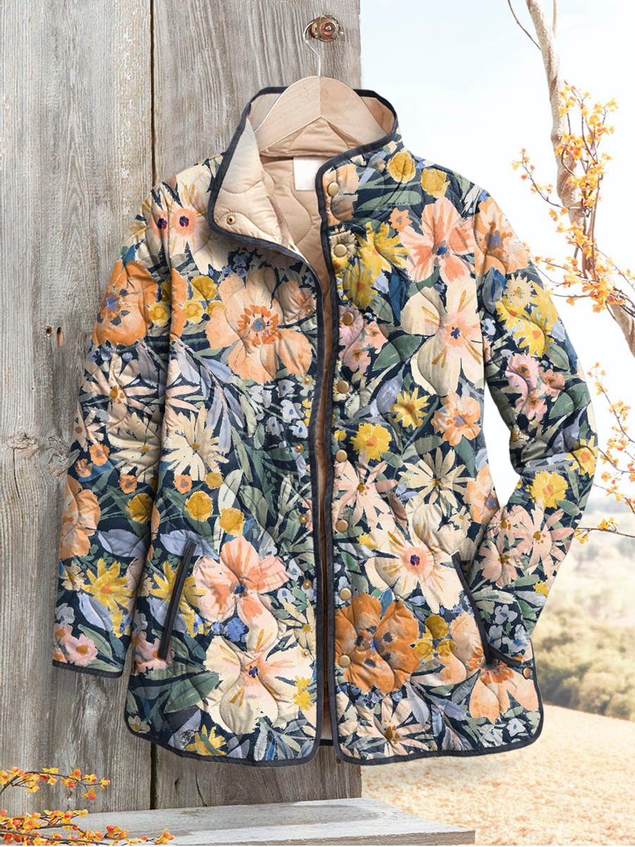 Women's Lovely Floral Art Print Casual Quilted Cardigan