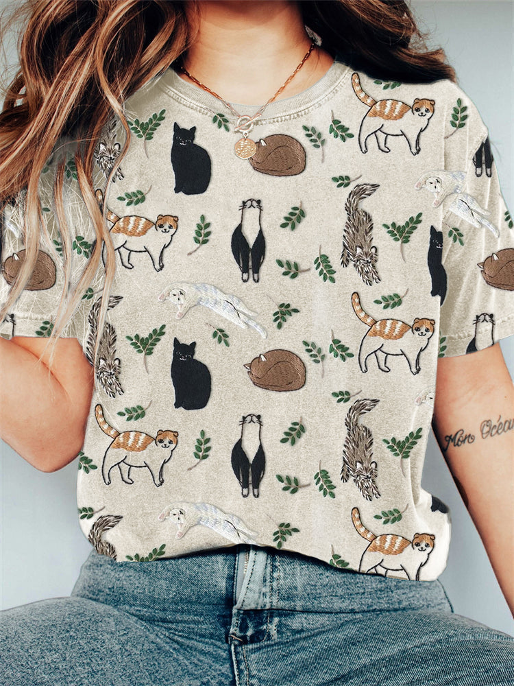 Cats & Leaves Embroidery Pattern Vintage T Shirt elevenforest