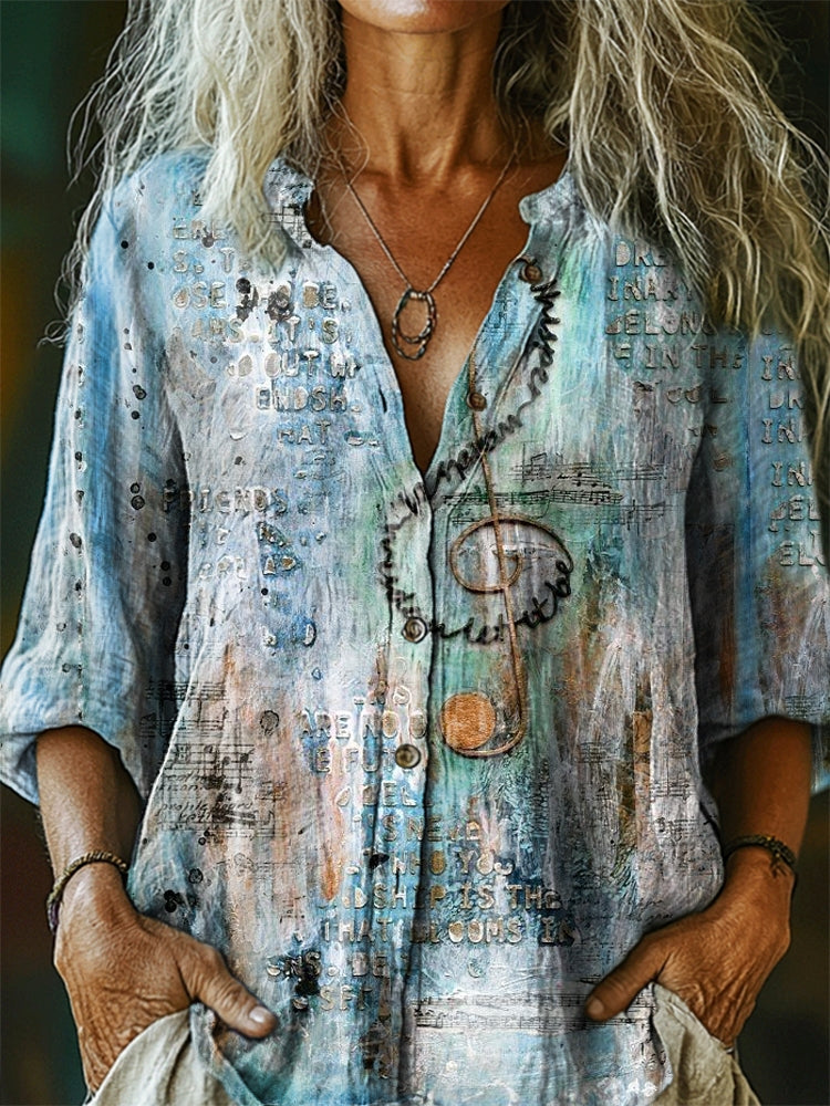 Women's Note Pattern Art Print Casual Cotton Linen Shirt