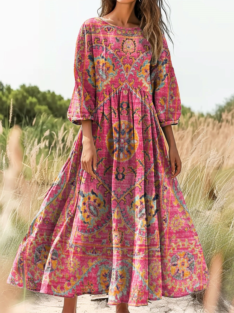 Women's Ethnic Tattoo Pattern Art Print Cotton Round Neck Dress