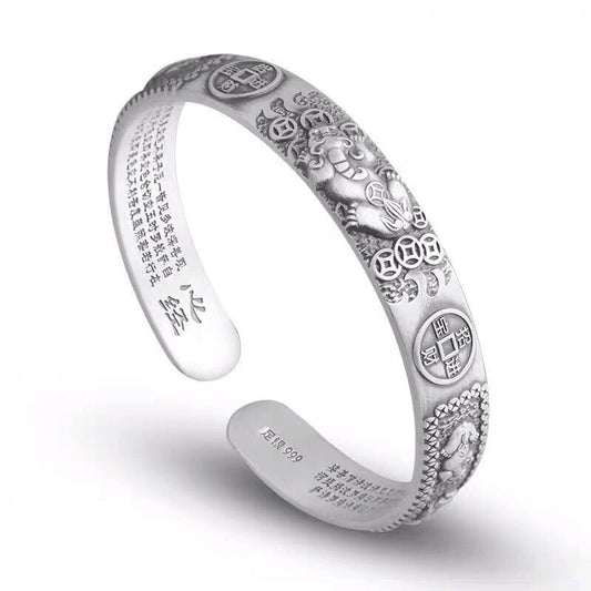 Buddha Stones Tibetan Pixiu Heart Sutra Coin White Copper Wealth Bracelet Adjustable Bangle