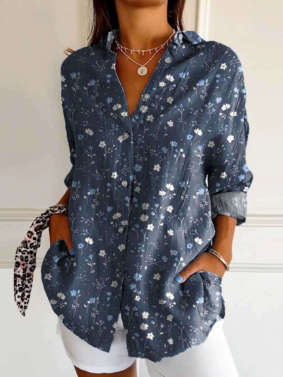 Women's Vintage Floral Art Print Casual Cotton Shirt
