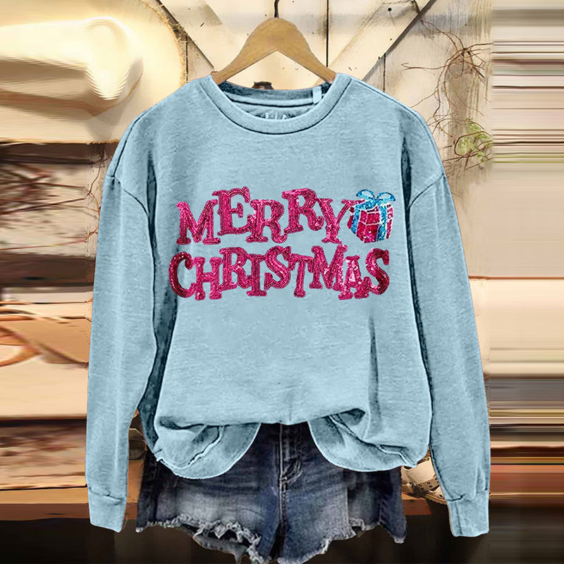 Comstylish Merry Christmas Embroidered Crew Neck Sweatshirt