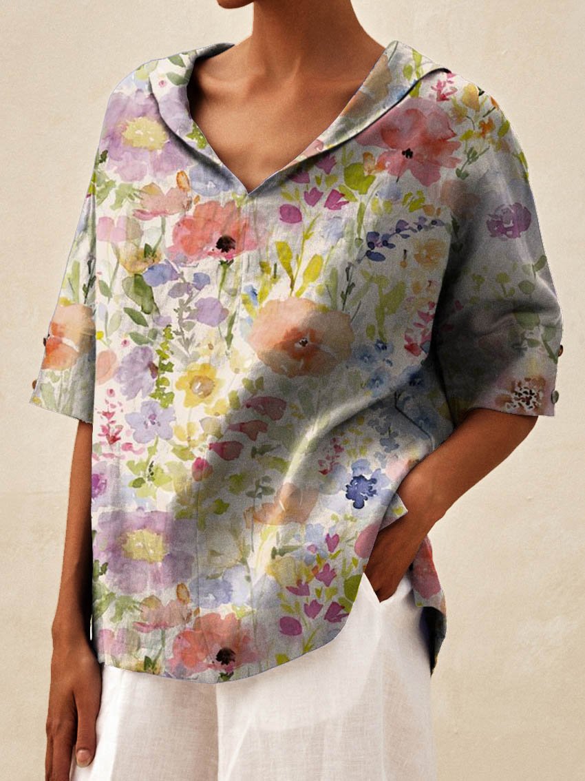 Women' Vintage Floral Art Print Casual Linen V-neck Shirt