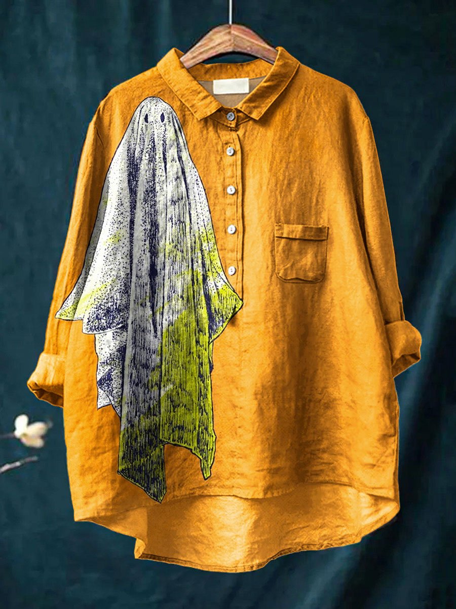 Women's Vintage Halloween Ghost Art Print Casual Cotton And Linen Shirt