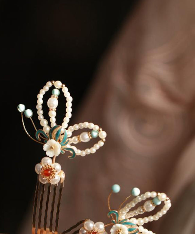 Colorblock Copper Pearl Crystal Cloisonne Butterfly Hairpin