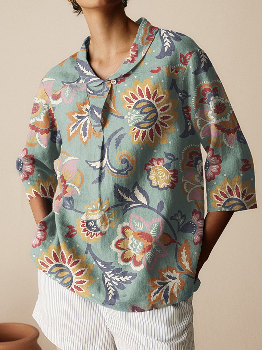Women's Floral Art  Print Casual Linen Cotton 3/4 Sleeve Shirt