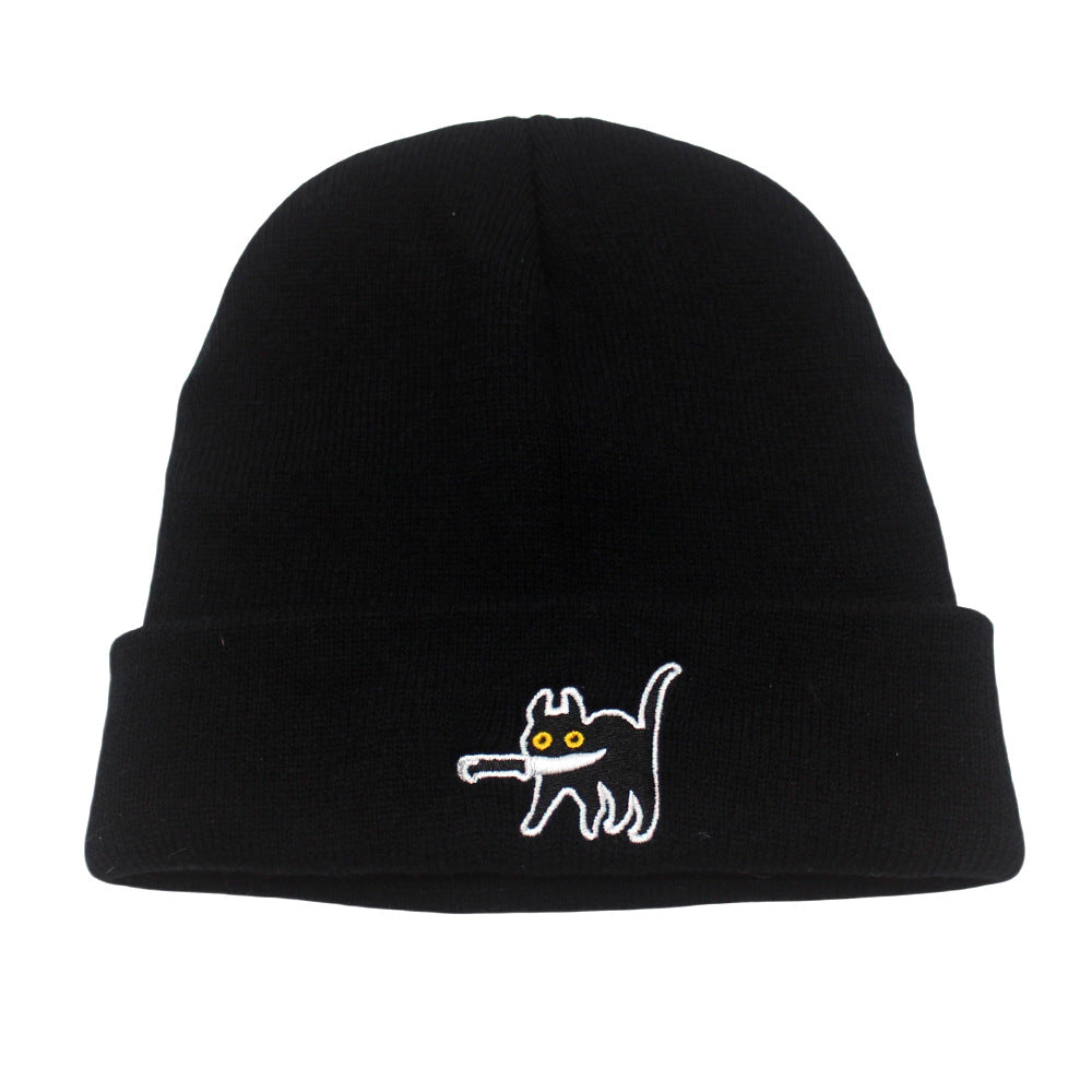 Cartoon Pattern Cat Embroidery Warm Knitted Hat elevenforest
