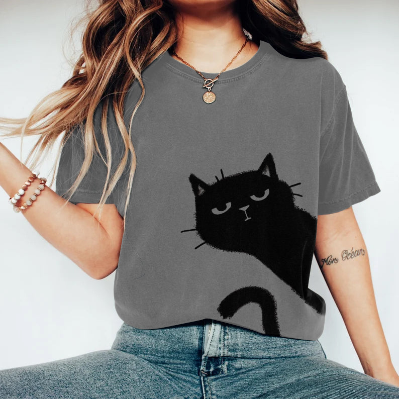 Women's Abstract Creative Cute Black Cat Art Print T-shirt elevenforest