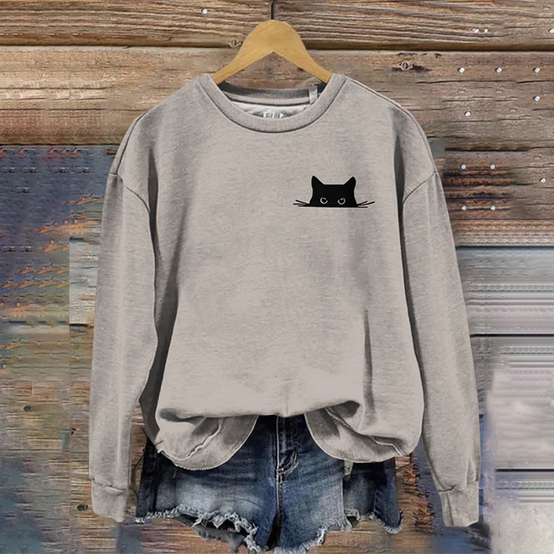 Women's Embroidered Black Cat Print Sweatshirt elevenforest