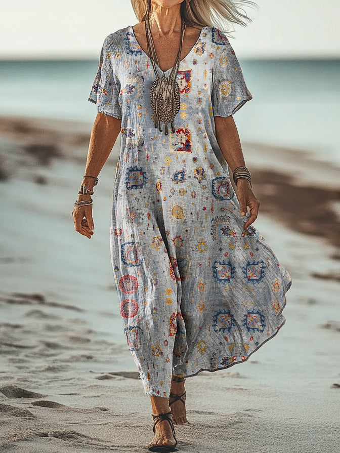 Women's Retro Flower Art Print Pocket Cotton Dress