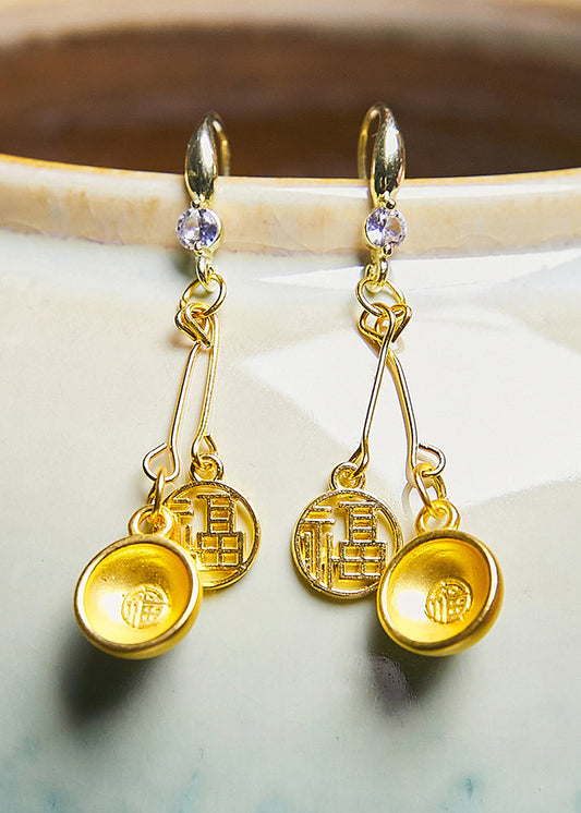Handmade Golden Bowl and Fu Character 14k Gold Drop Earrings