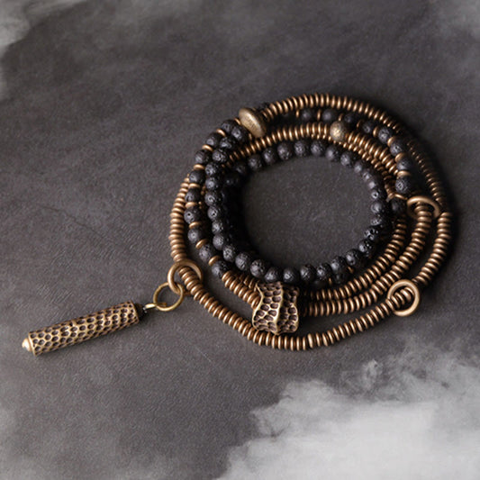 Buddha Stones Lava Rock Brass Copper Healing Multilayered Bracelet