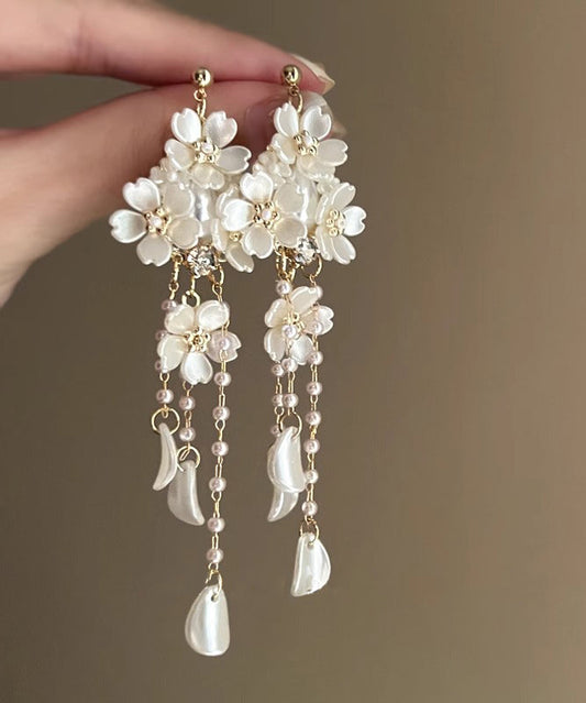 White Copper Overgild Pearl Tassel Drop Earrings