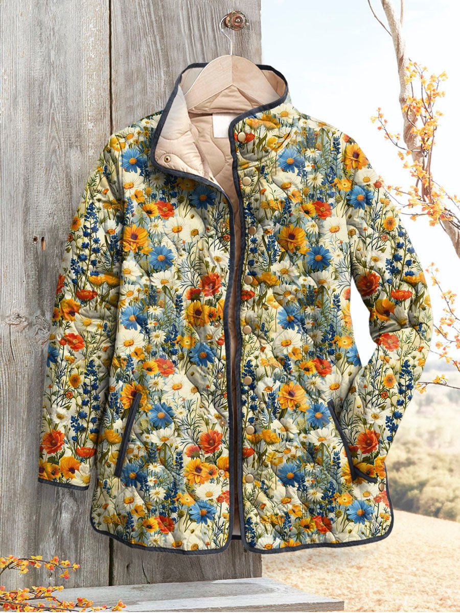 Women's Vintage Lovely Floral Art Print Casual Quilted Cardigan