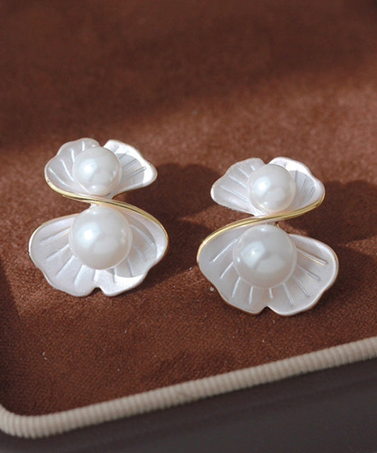 Diy White Copper Overgild Pearl Morning Glory Stud Earrings