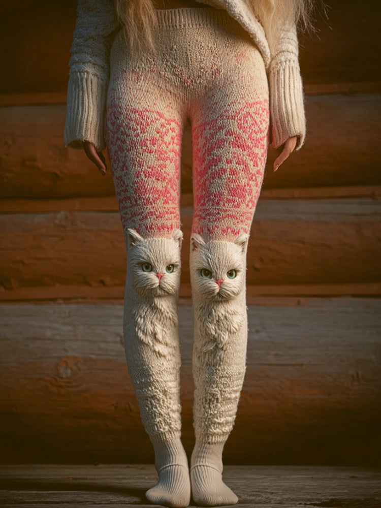 Women's Cute Cat Pink And White Gradient Pants elevenforest