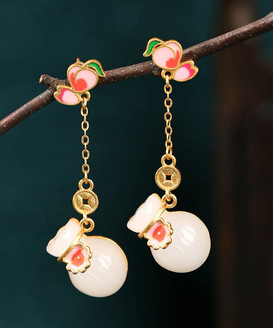 Pink Sterling Silver Overgild Jade Enamel Money Bag Drop Earrings