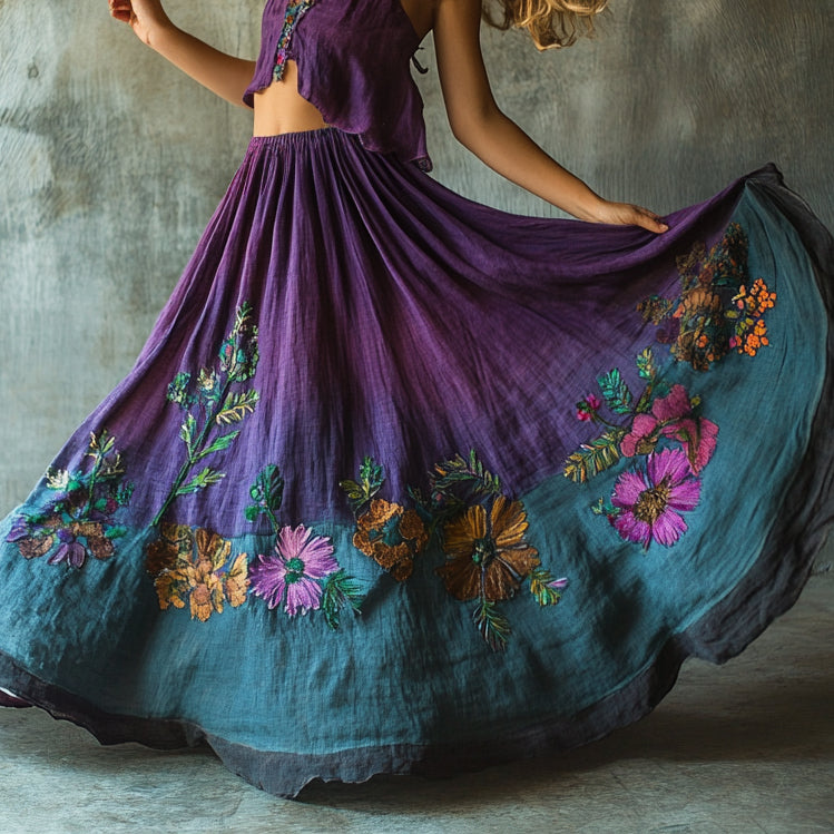 Vintage Floral Embroidered Gradient Pattern Art Linen Blend Skirt artswardrobe